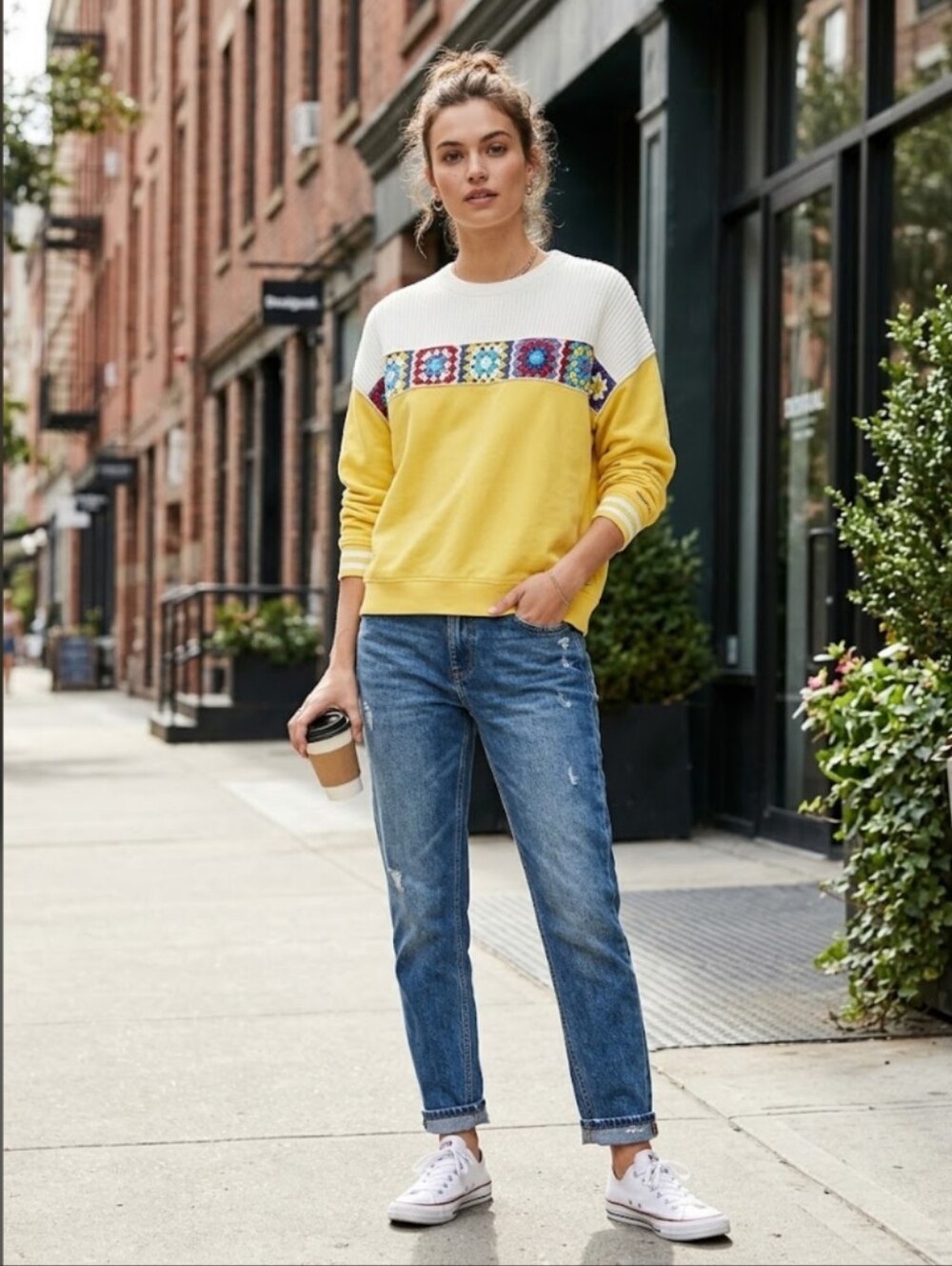 Desigual Yellow & White Granny Square Crochet Inset Sweatshirt - Size S